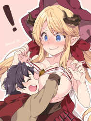Rule 34 | !, 1boy, 1girl, blonde hair, blue eyes, blush, breast slip, breasts, draph, granblue fantasy, hallessena, horns, large breasts, long hair, low twintails, mame lde, pointy ears, tobias (granblue fantasy), twintails