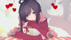 Rule 34 | 1girl, ahoge, black hair, blue eyes, box, bubble, eyes visible through hair, flower, gift, gift box, heart, highres, long hair, long sleeves, looking at viewer, luo tianyi, off-shoulder sweater, off shoulder, pink scarf, red sweater, rose, scarf, smile, solo, sweater, sylvia (huajiuhuajiu), vocaloid, zoom layer