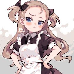 Rule 34 | 1girl, ahiru tokotoko, apron, blue eyes, brown hair, closed mouth, commentary request, hands on own hips, highres, long hair, looking at viewer, maid, original, pixel art, short sleeves, signature, solo, two side up, upper body, white apron