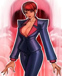 Rule 34 | breasts, business suit, calvin sims, cleavage, collarbone, earrings, fingernails, formal, jewelry, large breasts, pants, red eyes, red hair, short hair, snk, suit, the king of fighters, vice (kof)
