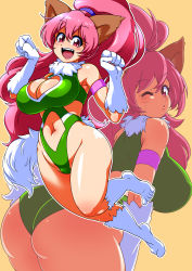 Rule 34 | 1girl, :d, absurdres, animal ears, animal hands, ass, blush, breasts, cat ears, cat tail, cleavage, cleavage cutout, clothing cutout, gloves, highres, large breasts, leotard, long hair, looking at viewer, navel, open mouth, perisie (star ocean), pink hair, ponytail, red eyes, ryoi, smile, solo, star ocean, star ocean anamnesis, star ocean first departure, tail