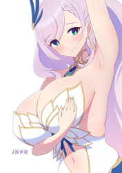 Rule 34 | 1girl, aqua eyes, armpits, blue eyes, blush, braid, braided bangs, breasts, cleavage, closed mouth, clothing cutout, earrings, feather hair ornament, feathers, grey hair, hair ornament, hololive, hololive indonesia, jdpr, jewelry, large breasts, long hair, looking at viewer, navel, navel cutout, pavolia reine, pavolia reine (1st costume), smile, solo, swept bangs, virtual youtuber, white background