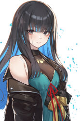 Rule 34 | 1girl, bare shoulders, black hair, black jacket, blue hair, blush, breasts, colored inner hair, dress, eyeliner, fate/grand order, fate (series), green dress, grey eyes, highres, jacket, jewelry, long hair, long sleeves, looking at viewer, makeup, multicolored hair, necklace, off shoulder, open clothes, open jacket, sidelocks, small breasts, solo, tenochtitlan (fate), ura illust, wavy hair