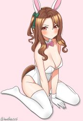 Rule 34 | 1girl, absurdres, animal ears, blush, bow, bowtie, breasts, brown hair, cleavage, closed mouth, collar, commentary, detached collar, ear covers, ear ribbon, gloves, green ribbon, hanafuda (hanafuda0116), highres, horse girl, horse tail, king halo (umamusume), leotard, looking at viewer, medium breasts, medium hair, pink background, playboy bunny, purple bow, purple bowtie, rabbit ears, red eyes, ribbon, simple background, sitting, smile, solo, strapless, strapless leotard, sweatdrop, swept bangs, tail, textless version, thighhighs, twitter username, umamusume, v arms, wariza, wavy hair, white collar, white gloves, white leotard, white thighhighs, wing collar