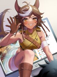 Rule 34 | 1boy, 1girl, absurdres, animal ears, bandaged arm, bandaged leg, bandages, black hair, black skirt, blush, boots, breasts, brown eyes, brown footwear, brown gloves, chat log, commentary, commission, cropped shirt, english commentary, gloves, highres, horse ears, horse girl, indie virtual youtuber, medium breasts, multicolored hair, second-party source, short hair, skirt, solo focus, streaked hair, through medium, through screen, tomoe umari, v-shaped eyebrows, virtual youtuber, waving, white hair, yuarima2