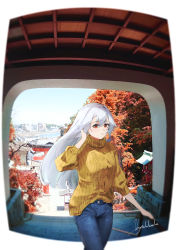 Rule 34 | 1girl, absurdres, adjusting hair, alternate costume, alternate hairstyle, aran sweater, blue pants, blurry, blurry background, border, brown sweater, cable knit, casual, commentary request, contemporary, denim, fate/grand order, fate (series), highres, jeans, long hair, looking at viewer, pants, red eyes, signature, silver hair, solo, sweater, tomoe gozen (fate), torii, tree, vegetablenabe, white border