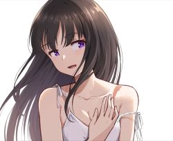 Rule 34 | 1girl, black hair, dress, hand on own chest, highres, hyoe (hachiechi), inoue takina, long hair, lower teeth only, lycoris recoil, open mouth, portrait, purple eyes, scar, simple background, smile, solo, strap slip, teeth, white background, white dress