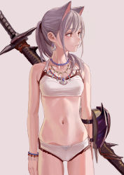 Rule 34 | 1girl, animal ears, artist name, bandeau, bare arms, bare shoulders, bead necklace, beads, bikini, breasts, cat ears, collarbone, cowboy shot, earrings, feiqizi (fkey), fkey, grey background, halterneck, highres, jewelry, long hair, monster hunter, monster hunter: world, monster hunter (series), navel, necklace, original, ponytail, red eyes, scabbard, sheath, sheathed, shell, shell earrings, sidelocks, silver hair, simple background, small breasts, solo, standing, stomach, swimsuit, sword, thighs, weapon, weapon on back, white bikini