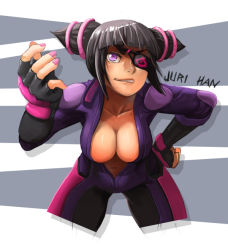 Rule 34 | 1girl, bankage, bent over, black hair, bodysuit, breasts, center opening, character name, cleavage, cropped legs, drill hair, eyepatch, fingerless gloves, gloves, han juri, hand on own hip, lips, medium breasts, no bra, purple eyes, reaching, reaching towards viewer, short twintails, solo, street fighter, street fighter v, twin drills, twintails, upper body