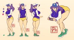 Rule 34 | absurdres, ass, baseball cap, blue jacket, breasts, food, fruit, ghost, glasses, green shoes, hair between eyes, hardkoba, hat, high ponytail, highres, huge ass, jacket, large breasts, model sheet, orange (fruit), original, phone, ponytail, purple eyes, purple hair, scared, shorts, sidelocks, sweatdrop, thick thighs, thighs, yellow shorts