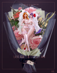 Rule 34 | 2girls, absurdres, artist name, artmong, bouquet, bra, bracelet, breasts, bridal veil, bride, cleavage, copyright request, crown, english text, flower, holding hands, highres, jewelry, large breasts, leaf, lingerie, looking at viewer, multiple girls, necklace, orange hair, panties, pink flower, purple eyes, red flower, ribbon, standing, thighhighs, underwear, veil, white bra, white legwear, white panties, white ribbon, wide shot, wife and wife, yellow flower