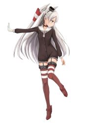 Rule 34 | 10s, 1girl, amatsukaze (kancolle), azu (azusayumix), dress, gloves, hat, kantai collection, sailor dress, silver hair, standing, standing on one leg, thighhighs, twintails, two side up, yellow eyes