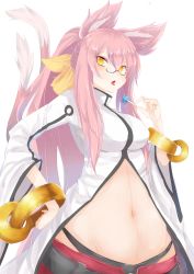 Rule 34 | 1girl, animal ears, arc system works, bad id, bad pixiv id, black panties, blazblue, bracelet, candy, cat ears, cat tail, food, glasses, grabbing, grabbing another&#039;s breast, groin, hand on own hip, highres, jewelry, kokonoe (blazblue), lollipop, long hair, looking at viewer, multiple tails, nyamoya, panties, pince-nez, pink hair, simple background, solo, tail, tongue, underwear, very long hair, white background