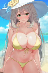 Rule 34 | 1girl, absurdres, bare arms, bare legs, bare shoulders, beach, bikini, blue archive, blue ribbon, blurry, blurry background, blush, breasts, cleavage, closed mouth, cowboy shot, day, flower, green eyes, hair between eyes, hat, hat flower, hat ribbon, highres, large breasts, light brown hair, long hair, looking at viewer, navel, ni tamago sando, nonomi (blue archive), nonomi (swimsuit) (blue archive), ocean, official alternate costume, outdoors, ribbon, smile, solo, swimsuit, white hat, yellow bikini, yellow flower