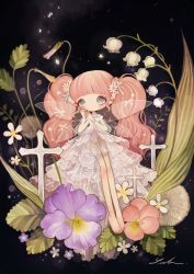 Rule 34 | 1girl, bad id, bad pixiv id, barefoot, blunt bangs, blush, bright pupils, choker, cross, dandelion, dress, fairy, fairy wings, fern, flower, gem, grey eyes, hair flower, hair ornament, hair ribbon, highres, iris (flower), jewelry, lace, layered dress, lily of the valley, long hair, long legs, long sleeves, manroot, morning glory, original, pansy, pink hair, pointy ears, ribbon, ring, see-through, shirosaki london, sidelocks, signature, simple background, solo, twintails, violet (flower), wavy hair, white dress, white pupils, wings