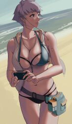 Rule 34 | 1girl, absurdres, alternate costume, backlighting, bare arms, beach, bikini, black bikini, black eyes, bleach, breasts, camera, cleavage, closed mouth, collarbone, commentary, cowboy shot, curvy, day, grey hair, halterneck, happy, highres, holding, holding camera, hood, hood down, hoodie, keke (akuringo731), kotetsu isane, large breasts, looking to the side, navel, ocean, open clothes, open hoodie, outdoors, short hair, skindentation, sleeveless, sleeveless hoodie, smile, solo, swimsuit, thick eyebrows, thigh gap, upturned eyes, white hoodie