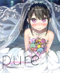 Rule 34 | 1girl, 3:, absurdres, bare shoulders, black hair, blush, bouquet, breasts, bridal veil, bride, closed mouth, dress, flower, from above, gloves, hair ribbon, highres, jewelry, kantoku, looking at viewer, necklace, original, plaid, purple eyes, ribbon, scan, shizuku (kantoku), side ponytail, sidelocks, small breasts, solo, strapless, strapless dress, tsurime, veil, wedding dress, white dress, white gloves