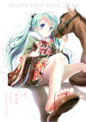 Rule 34 | 10s, 1girl, 2014, absurdres, akeome, aqua hair, bad id, bad pixiv id, barefoot, blue eyes, chinese zodiac, dress, feet, geta, happy new year, hatsune miku, highres, horse, horse (chinese zodiac), japanese clothes, kimono, long hair, new year, print dress, print kimono, sandals, shoe dangle, short dress, siloteddy, sitting, soles, solo, toenails, toes, twintails, vocaloid
