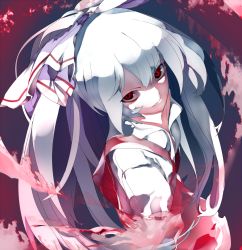 Rule 34 | 1girl, big hair, closed mouth, fire, fire, from above, fujiwara no mokou, high ponytail, highres, ikurauni, light purple hair, long hair, looking at viewer, looking up, ponytail, red eyes, solo, touhou, very long hair, white hair