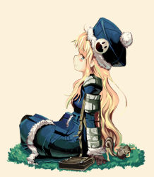 Rule 34 | 1girl, animal, atlus, bad id, bad pixiv id, badge, bag, beige background, blonde hair, blue eyes, blush stickers, book, brown gloves, button badge, chewing, chipmunk, dress, etrian odyssey, fangs, from side, full body, fur trim, gloves, gunner (sekaiju), hair ornament, hat, jack frost (megami tensei), long hair, long sleeves, looking at viewer, onomichi, pom pom (clothes), shoulder bag, simple background, sitting, solo, squirrel