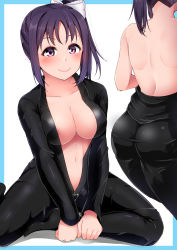 Rule 34 | 10s, 1girl, areola slip, back, blush, breasts, cleavage, closed mouth, highres, kazuno sarah, looking at viewer, love live!, love live! sunshine!!, medium breasts, multiple views, no bra, purple eyes, purple hair, side ponytail, smile