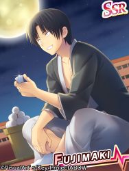 Rule 34 | 1boy, angel beats!, artist request, black hair, character name, commentary request, fujimaki (angel beats!), male focus, moon, night, outdoors, shirt, short hair, sitting, solo, teeth