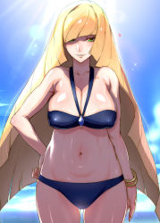 Rule 34 | 1girl, alternate breast size, arm at side, bad id, bad pixiv id, bikini, blonde hair, blue bikini, blush, bracelet, breasts, cleavage, collarbone, colored skin, covered erect nipples, cowboy shot, creatures (company), curvy, day, game freak, green eyes, halterneck, hand on own hip, highres, hip focus, ikuchan kaoru, jewelry, light rays, long hair, looking at viewer, lusamine (pokemon), mature female, multicolored skin, navel, nintendo, ocean, outdoors, parted lips, pokemon, pokemon sm, revision, smile, solo, sunbeam, sunlight, swimsuit, very long hair