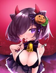 Rule 34 | 1girl, alternate costume, azur lane, bare shoulders, bell, bent over, black bra, black panties, blush, bra, breasts, candy, cleavage, cone hair bun, cowbell, demon horns, demon wings, double bun, food, food-themed hair ornament, hair bun, hair ornament, hair over one eye, halloween costume, highres, holding, holding candy, holding food, holding lollipop, horns, jervis (azur lane), koma mksm, large breasts, lollipop, looking at viewer, neck bell, panties, pumpkin hair ornament, purple eyes, purple hair, revealing clothes, see-through, see-through skirt, short hair, signature, skirt, solo, tongue, tongue out, underwear, wings