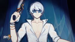Rule 34 | 1boy, alternate costume, arm support, blue-framed eyewear, cave interior, chinese commentary, closed mouth, collarbone, glasses, gun, hair between eyes, handgun, highres, holding, holding weapon, honkai (series), honkai impact 3rd, kevin kaslana, logo, male focus, official art, official wallpaper, open clothes, open shirt, pectoral cleavage, pectorals, short sleeves, sitting, solo, upper body, v-shaped eyebrows, weapon, white hair, white sleeves