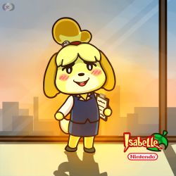 Rule 34 | 1girl, aggressive retsuko, alternate costume, animal crossing, animal ears, artist name, bell, black eyes, black footwear, blonde hair, blue skirt, blue sky, blue vest, blush, blush stickers, buck teeth, clipboard, cosplay, day, dog ears, dog girl, dog tail, female focus, flat chest, formal, full body, furry, furry female, hair bell, hair ornament, hair tie, happy, highres, holding, indoors, isabelle (animal crossing), jingle bell, long sleeves, looking at viewer, malky-way, miniskirt, nintendo, open mouth, parody, pencil skirt, retsuko, retsuko (cosplay), shirt, shoes, short hair, skirt, skirt suit, sky, smile, solo, standing, style parody, suit, sunlight, sunset, tail, teeth, topknot, vest, watermark, white shirt, window