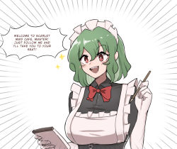 Rule 34 | alternate costume, black dress, blush, breasts, cafe maid (love live!), dress, elbow gloves, english text, gloves, green hair, huge breasts, kazami yuuka, maid, maid cafe, maid headdress, mata (matasoup), red eyes, shaded face, short hair, simple background, smile, speech bubble, star (symbol), touhou, white background