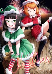Rule 34 | 2girls, boots, elf, hat, high heel boots, high heels, highres, merry christmas, multiple girls, original, pantyhose, pointy ears, santa boots, santa costume, santa hat, stalkingp, stiletto boots, stiletto heels, striped clothes, striped legwear, striped pantyhose, thigh boots, thighhighs