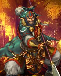 Rule 34 | 1boy, armor, beard, facial hair, green headwear, holding, holding polearm, holding spear, holding weapon, kuniyasu ikki, looking at viewer, male focus, mustache, open mouth, outdoors, polearm, romance of the three kingdoms, scale armor, spear, standing, weapon, zhang fei (romance of the three kingdoms)