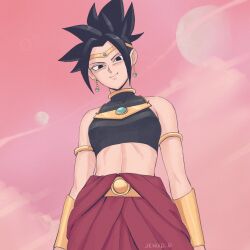Rule 34 | 1girl, armlet, black eyes, black hair, black shirt, breasts, broly (dragon ball z), broly (dragon ball z) (cosplay), circlet, cloud, commentary, cosplay, crop top, dragon ball, dragon ball super, dragonball z, earrings, english commentary, from below, genniax, highres, jewelry, kefla (dragon ball), medium breasts, midriff, moon, neck ring, potara earrings, red sky, shirt, signature, sky, sleeveless, sleeveless shirt, smile, solo, upper body, vambraces