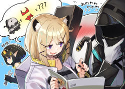 Rule 34 | 1other, 2girls, ambiguous gender, animal ear fluff, animal ears, arknights, bikini, black hair, black jacket, black nails, blouse, blush, cat ears, collarbone, doctor (arknights), eunectes (arknights), gloves, goggles, goggles on head, grey shirt, hand on own chin, holding, holding magazine, holding wrench, hood, hood up, hooded jacket, jacket, lancet-2 (arknights), long sleeves, magazine (object), mitake eil, multiple girls, nail polish, open mouth, platinum blonde hair, pointy ears, purple eyes, red bikini, robot, shirt, short hair, smile, stroking own chin, sweatdrop, swimsuit, tools, translation request, upper body, utage (arknights), white gloves, white jacket, wrench
