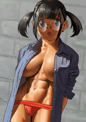 Rule 34 | 1girl, abs, arung samudra (cessa), black hair, blue eyes, breasts, brick wall, cessa, collared shirt, commentary, cowboy shot, dark-skinned female, dark skin, dress shirt, earrings, english commentary, glasses, jewelry, large breasts, looking at viewer, navel, no bra, ombok diving and delivery services, open clothes, open shirt, panties, parted lips, photo-referenced, red panties, round eyewear, shirt, solo, stud earrings, thighs, twintails, underwear