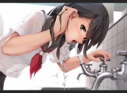 Rule 34 | 1girl, adjusting hair, bent over, black hair, blush, breasts, brown eyes, drinking, drinking fountain, eto, from side, tucking hair, leaning forward, letterboxed, long hair, looking at viewer, looking to the side, open mouth, original, school uniform, see-through silhouette, serafuku, short sleeves, simple background, small breasts, solo, tile wall, tiles, tongue, water