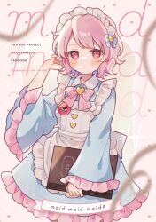 Rule 34 | 1girl, alternate costume, apron, blue dress, blush, bow, bowtie, closed mouth, dress, frilled sleeves, frills, heart, highres, holding, komeiji satori, long sleeves, looking at viewer, maid, maid headdress, nig 18, pink bow, pink bowtie, pink eyes, pink hair, reitaisai, short hair, solo, subterranean animism, third eye, touhou, white apron, wide sleeves