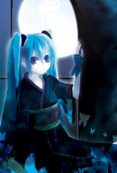 Rule 34 | ask02, ask (artist), blue eyes, blue hair, bug, butterfly, hatsune miku, insect, japanese clothes, moon, solo, twintails, vocaloid, window