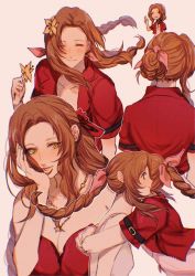 Rule 34 | aerith gainsborough, aerith gainsborough (red dress), age comparison, alternate hairstyle, bare arms, blush, braid, braided ponytail, breasts, brown hair, chibi, cleavage, closed eyes, crisis core final fantasy vii, cropped jacket, dress, final fantasy, final fantasy vii, final fantasy vii remake, flower, from behind, green eyes, hair flower, hair ornament, hair ribbon, hand in own hair, highres, holding, holding flower, hug, jacket, jewelry, long hair, looking at viewer, medium breasts, multiple girls, multiple necklaces, multiple views, necklace, official alternate costume, parted bangs, pink dress, pink ribbon, ponytail, red dress, red flower, red jacket, red ribbon, ribbon, sera (serappi), short sleeves, sidelocks, sleeveless, sleeveless dress, smile, square enix, star (symbol), star necklace, strapless, strapless dress, time paradox, upper body, v, wall market, wavy hair, white background, white dress, yellow flower
