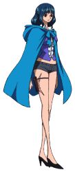 Rule 34 | 1girl, blue cape, blue hair, cape, ein (one piece), high heels, holster, long legs, one piece, one piece film: z, pink eyes, scar, scar on leg, short, short shorts, shorts