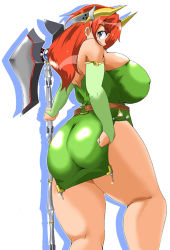 Rule 34 | ass, backboob, blue eyes, breasts, bridal gauntlets, curvy, detached sleeves, from behind, headband, hip focus, holding, huge ass, huge breasts, long hair, looking back, matsumoto katsuya, mole, red hair, sideboob, thick thighs, thighs, weapon, wide hips