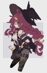 Rule 34 | 1girl, antenna hair, bag, bare shoulders, black gloves, braid, breasts, cleavage, closed mouth, dorothy (sinoalice), fingerless gloves, glasses, gloves, hair ornament, hairpin, hat, highres, index finger raised, leggings, merry-san, potion, purple eyes, purple hair, scroll, sinoalice, twin braids, witch hat