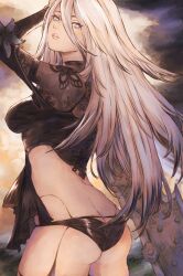 Rule 34 | 1girl, absurdres, android, ass, black panties, blue eyes, breasts, butt crack, from side, gusty10rk, hair between eyes, highres, long hair, looking at viewer, medium breasts, mole, mole under mouth, nier:automata, nier (series), panties, solo, sword, underwear, weapon, white hair, a2 (nier:automata)