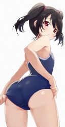 Rule 34 | 1girl, adjusting clothes, adjusting swimsuit, ass, black hair, blue one-piece swimsuit, clothes pull, competition school swimsuit, cowboy shot, flat chest, from behind, from below, highres, hiroki (yyqw7151), looking at viewer, looking back, love live!, love live! school idol project, one-piece swimsuit, one-piece swimsuit pull, red eyes, school swimsuit, simple background, solo, standing, swimsuit, twintails, white background, yazawa nico