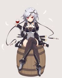 Rule 34 | 1girl, :&gt;, alcohol, ankle ribbon, barrel, black footwear, black gloves, black hair, black thighhighs, breasts, cleavage, collarbone, commentary, crossed legs, cup, dot nose, drinking glass, facial mark, falling feathers, feathers, fingerless gloves, frilled thighhighs, frills, full body, fur collar, fur trim, gloves, gold trim, grey background, grey hair, groin, hair between eyes, hair ornament, hand up, high heels, highleg, highres, holding, holding cup, juliet sleeves, koyagi, leg ribbon, long sleeves, looking at viewer, medium breasts, medium hair, multicolored hair, parted bangs, pink pupils, puffy sleeves, red eyes, ribbon, see-through, see-through shirt, sennen sensou aigis, sheath, sheathed, sidelocks, sinead (sennen sensou aigis), sitting, solo, streaked hair, sword, thick eyebrows, thighhighs, underbust, v-shaped eyebrows, waist cape, weapon, wine, wine glass