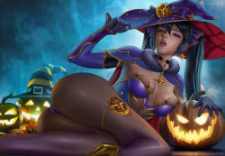 Rule 34 | 1girl, alexander dinh, ass, black gloves, black hair, blue eyes, breasts, capelet, cleavage, commentary, english commentary, fur trim, genshin impact, gloves, hair between eyes, halloween, hat, jack-o&#039;-lantern, legs, lips, long hair, looking at viewer, lying, medium breasts, mona (genshin impact), open mouth, paid reward available, pumpkin, purple hat, revision, solo, striped clothes, striped headwear, twintails, witch hat