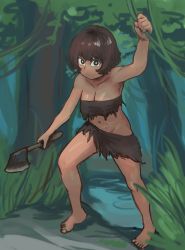 Rule 34 | 1girl, absurdres, arm up, axe, bare shoulders, black eyes, breasts, bright pupils, brown hair, chanta (ayatakaoisii), cleavage, full body, grass, highres, holding, holding axe, leaf, looking at viewer, medium breasts, navel, original, outdoors, plant, short hair, solo, standing, tree, vines, water, white pupils