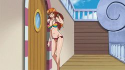 Rule 34 | 1girl, animated, animated gif, bikini, breasts, brown eyes, cleavage, curvy, female focus, groin, jewelry, large breasts, long hair, lowres, nami (one piece), necklace, one piece, one piece film: z, orange hair, shiny skin, solo, swimsuit, thigh gap, walking