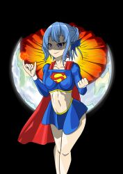 Rule 34 | 1girl, absurdres, blue hair, blue shirt, blue skirt, breasts, cape, cosplay, cropped shirt, dc comics, destruction, earth (planet), highres, hololive, hoshimachi suisei, looking at viewer, medium hair, midriff, miniskirt, navel, planet, purple eyes, red cape, self-upload, shirt, skirt, small breasts, smile, solo, standing, star (symbol), star in eye, supergirl, supergirl (cosplay), superman (series), symbol in eye, user rkmj4233, virtual youtuber